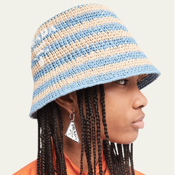 Prada Accessories - Prada | Logo striped raffia bucket hat
